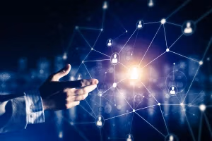 Man reaching toward holographic white web of people symbols in circles