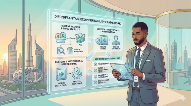 Man looking at a tablet with some DIFC rules on a holographic board in the background.