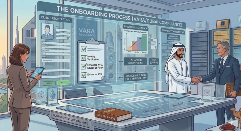 Client onboarding and compliance process. A woman reading a tablet. Two men shaking hands.