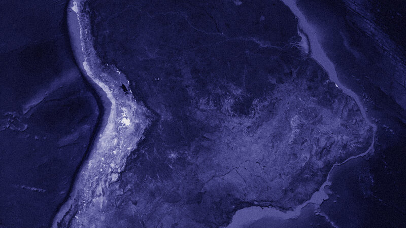 Aerial view of a river delta rendered in deep violet