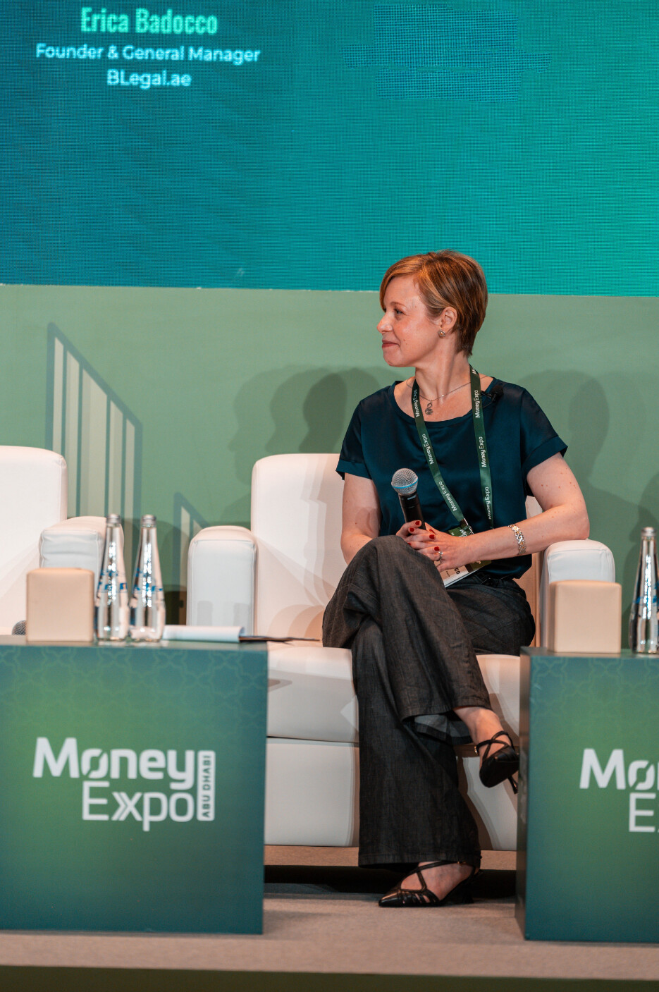 Erica Badocco, Founder and General Manager of BLegal, on stage at Money Expo Abu Dhabi